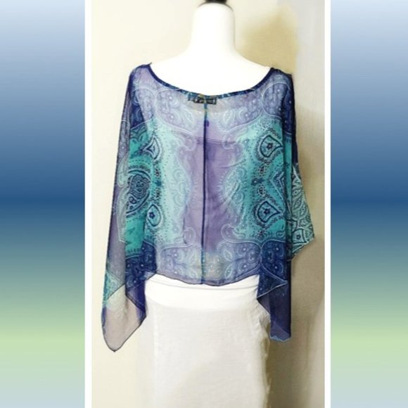 Top & Scarf 2in1 Blue Green Paisley Print Sheer Chiffon Slip-on Lightweight - Picture 7 of 14
